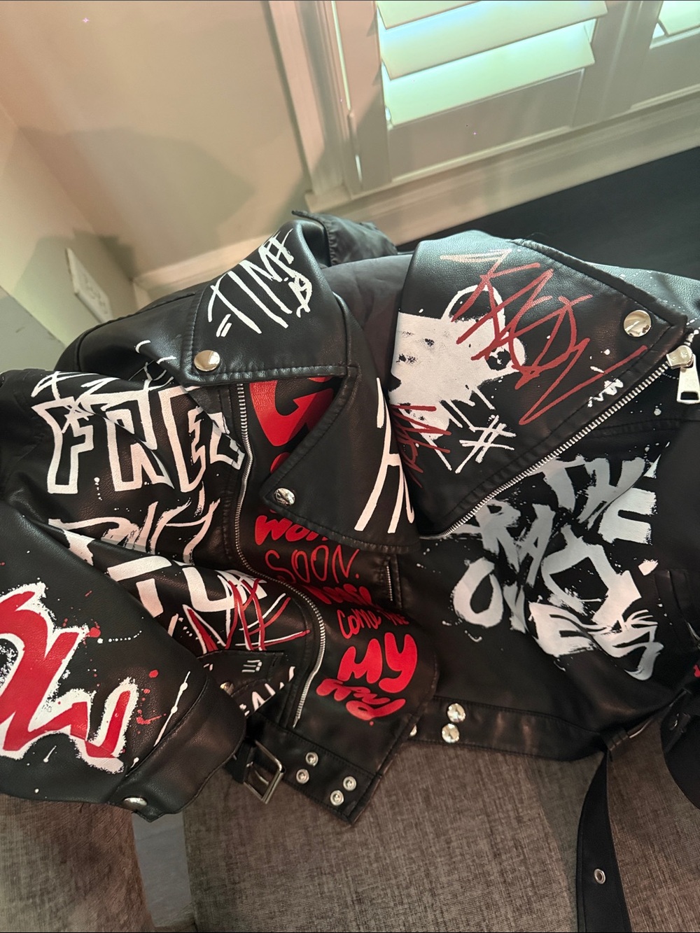 Black Graffiti Leather Moto Jacket with Red & White Paint